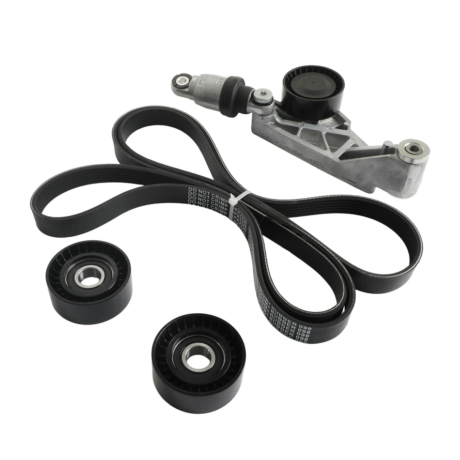 Serpentine belt tensioner kit with black belt and two pulleys