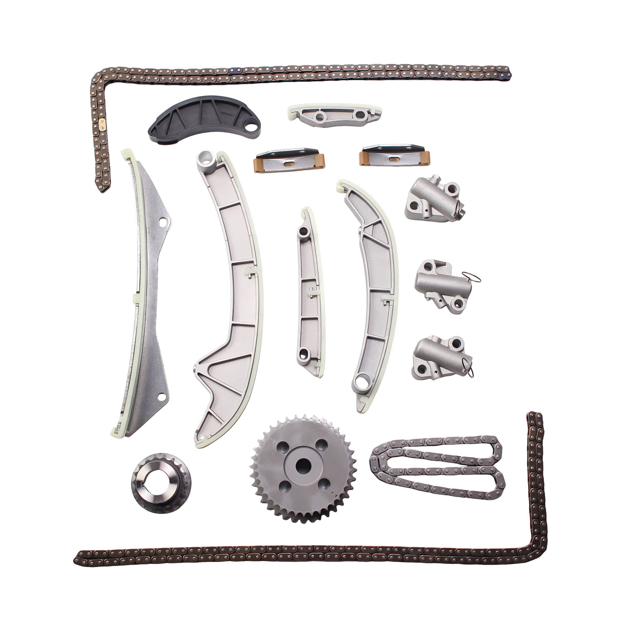 Timing chain kit with sprockets, guides, tensioner, and chain links in metal and dark brown