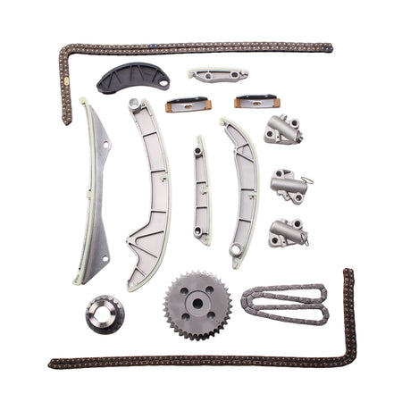 Timing chain kit with sprockets, guides, tensioner, and chain links in metal and dark brown