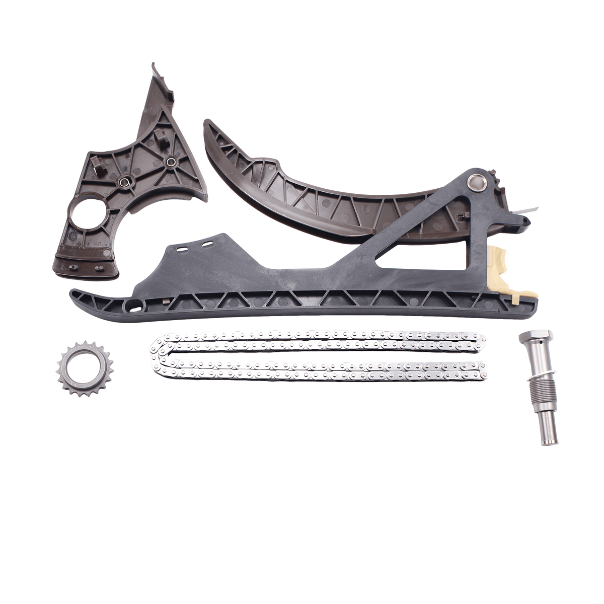 Timing chain kit parts with two black guide rails, chain links, and sprocket