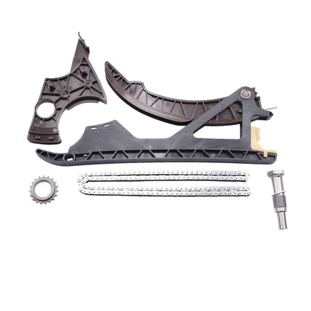Timing chain kit parts with two black guide rails, chain links, and sprocket
