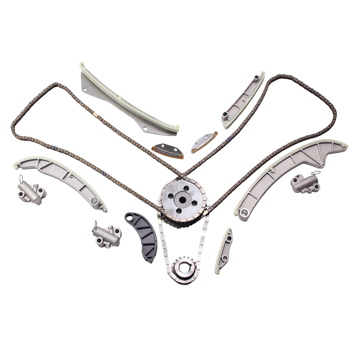 Timing chain kit components: metal guides, sprocket wheel, and dark brown roller chains