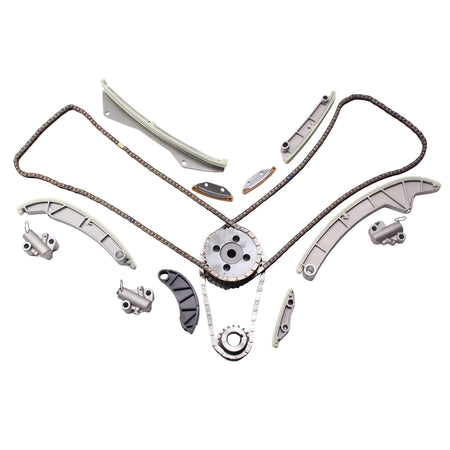 Timing chain kit components: metal guides, sprocket wheel, and dark brown roller chains