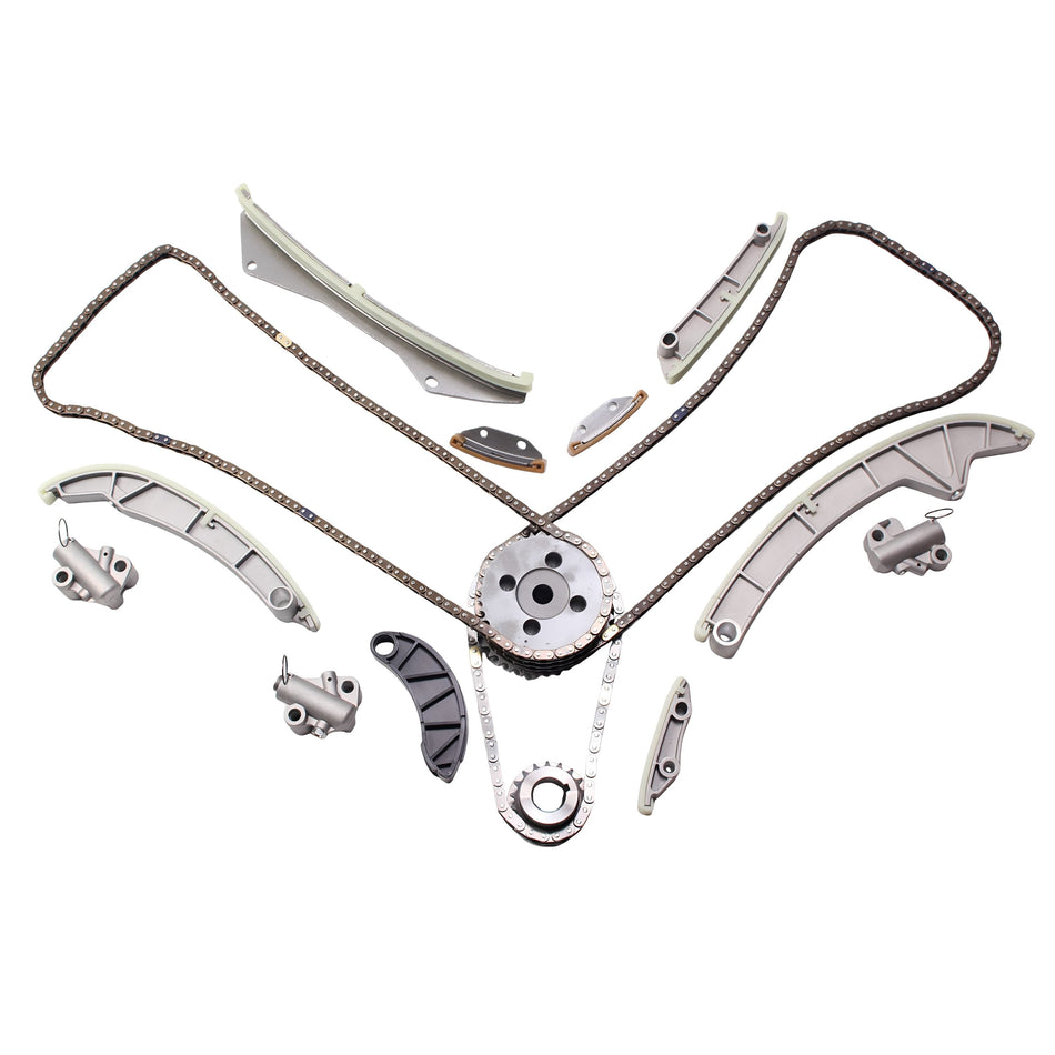 Timing chain kit components: metal guides, sprocket wheel, and dark brown roller chains