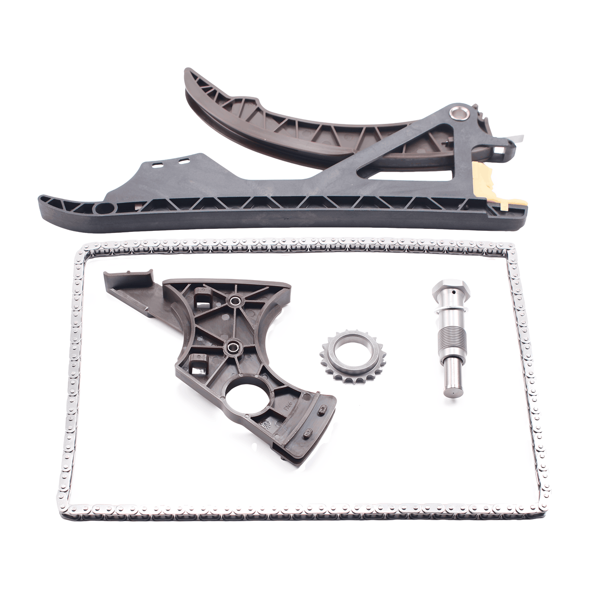 Timing chain kit with chain guide, chain links, sprocket, and tensioner rod
