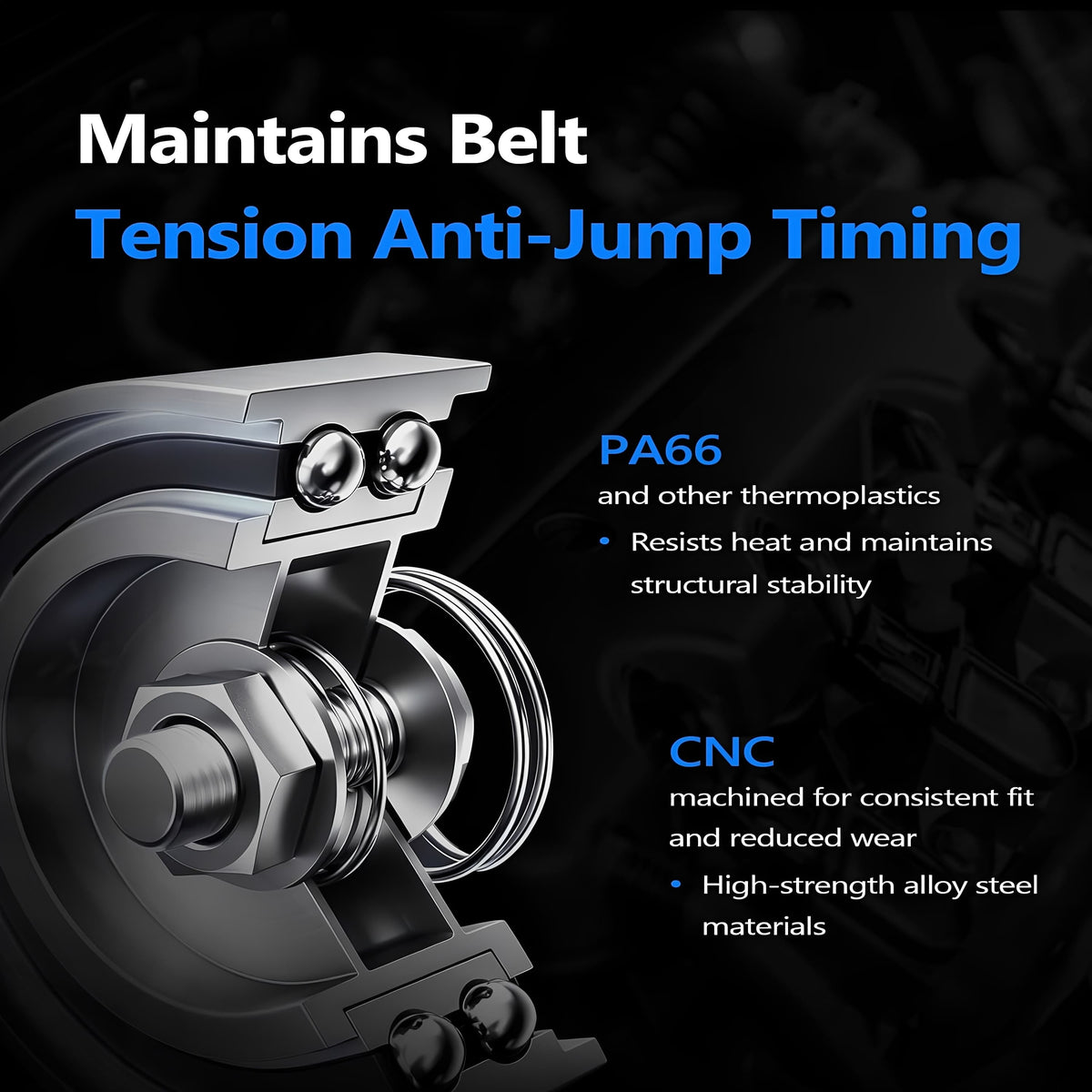 Timing belt hydraulic tensioner with anti-jump timing belt design
