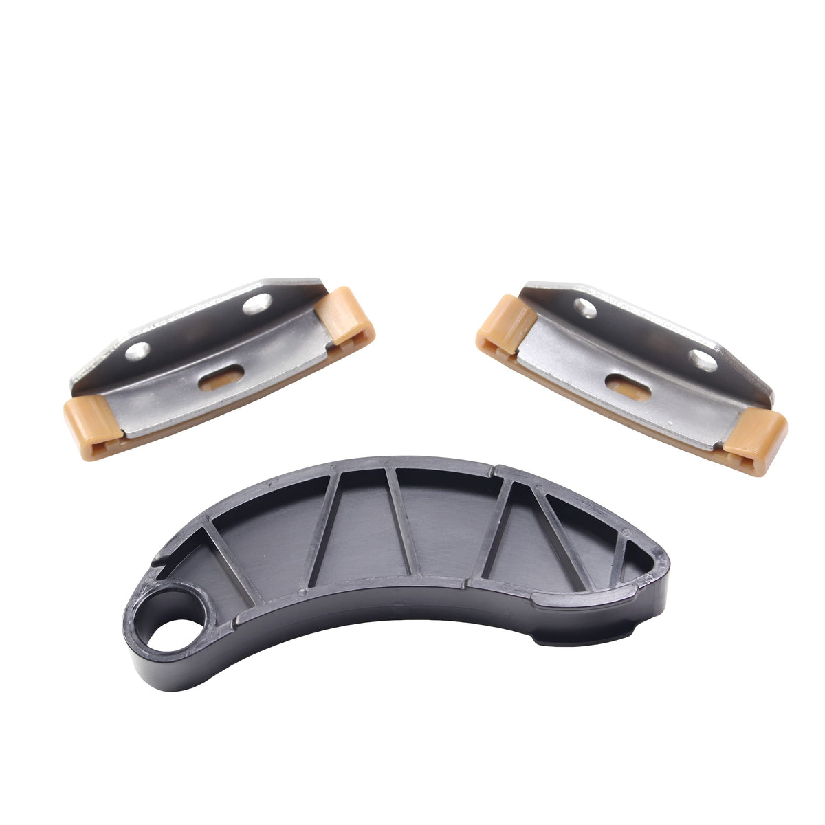 Timing chain guide pieces: two metal rails with rubber pads and a curved guide shoe