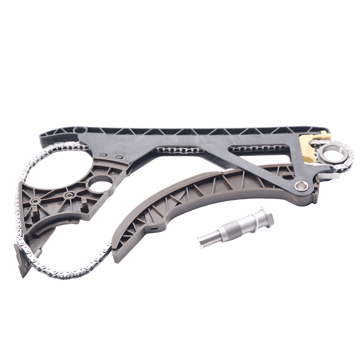 Timing chain kit components: black guide rails, sprocket, and metal tensioner