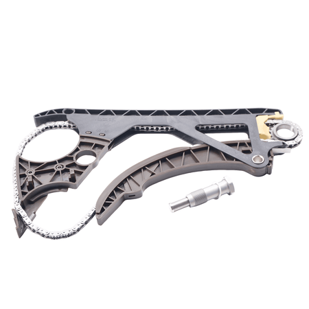 Timing chain kit components: black guide rails, sprocket, and metal tensioner