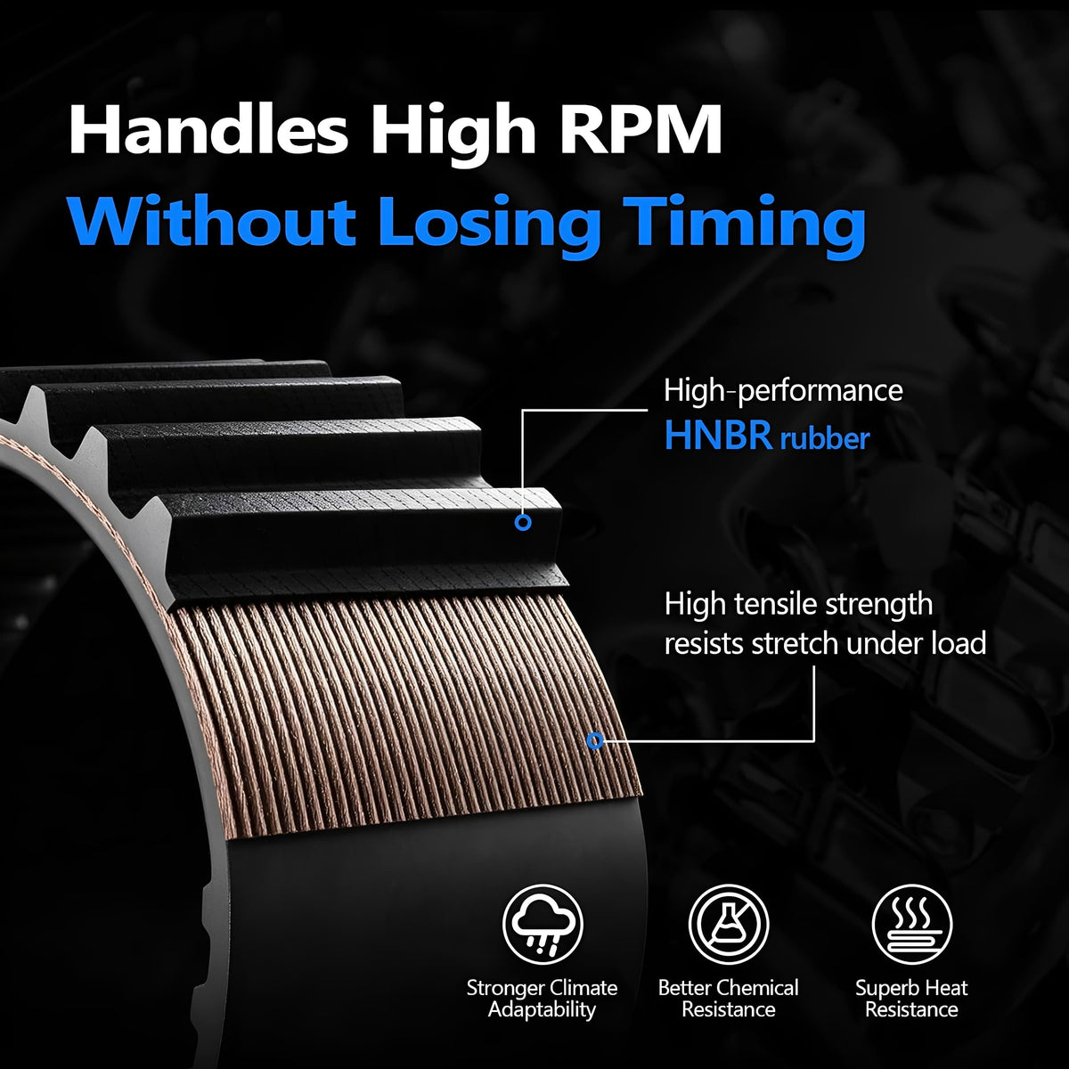 Ribbed timing belt with HNBR rubber for high RPM timing stability