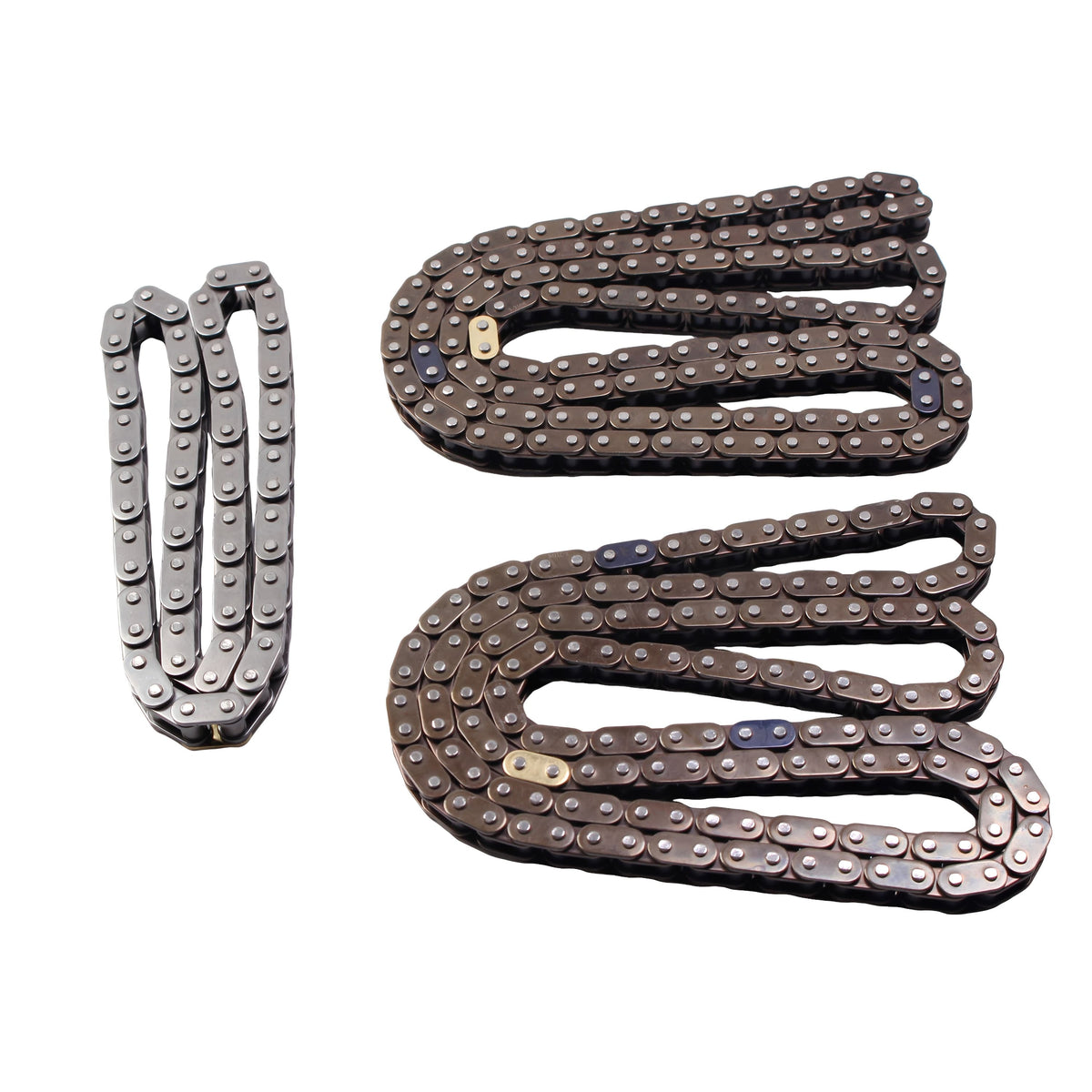 Timing chain kit roller chains: dark brown chains with metal links and sprocket style wheels
