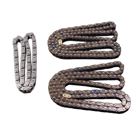 Timing chain kit roller chains: dark brown chains with metal links and sprocket style wheels