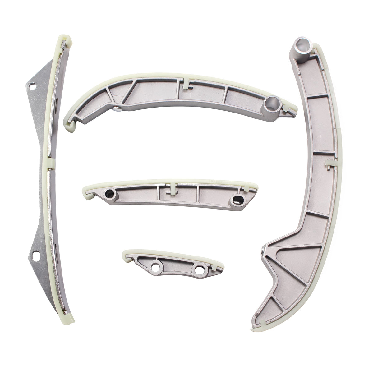 Timing chain guide set: light gray curved guides and a long rail with metal mounting holes