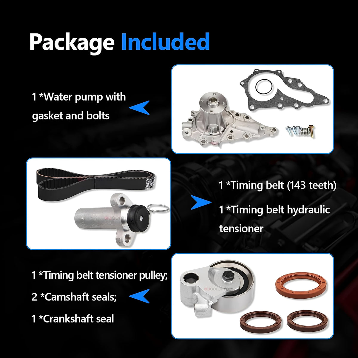 Timing belt kit components with water pump, timing belt, tensioner and seals
