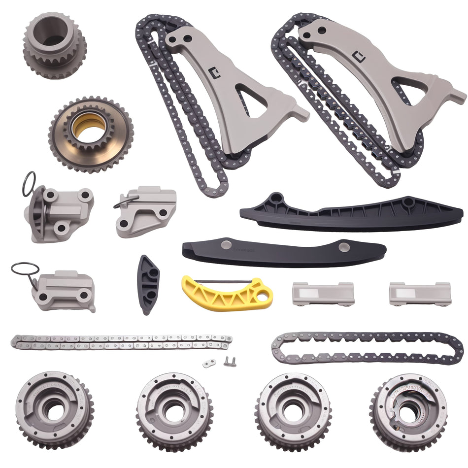 Timing chain kit components, including gears, roller chains, guides, and tensioners