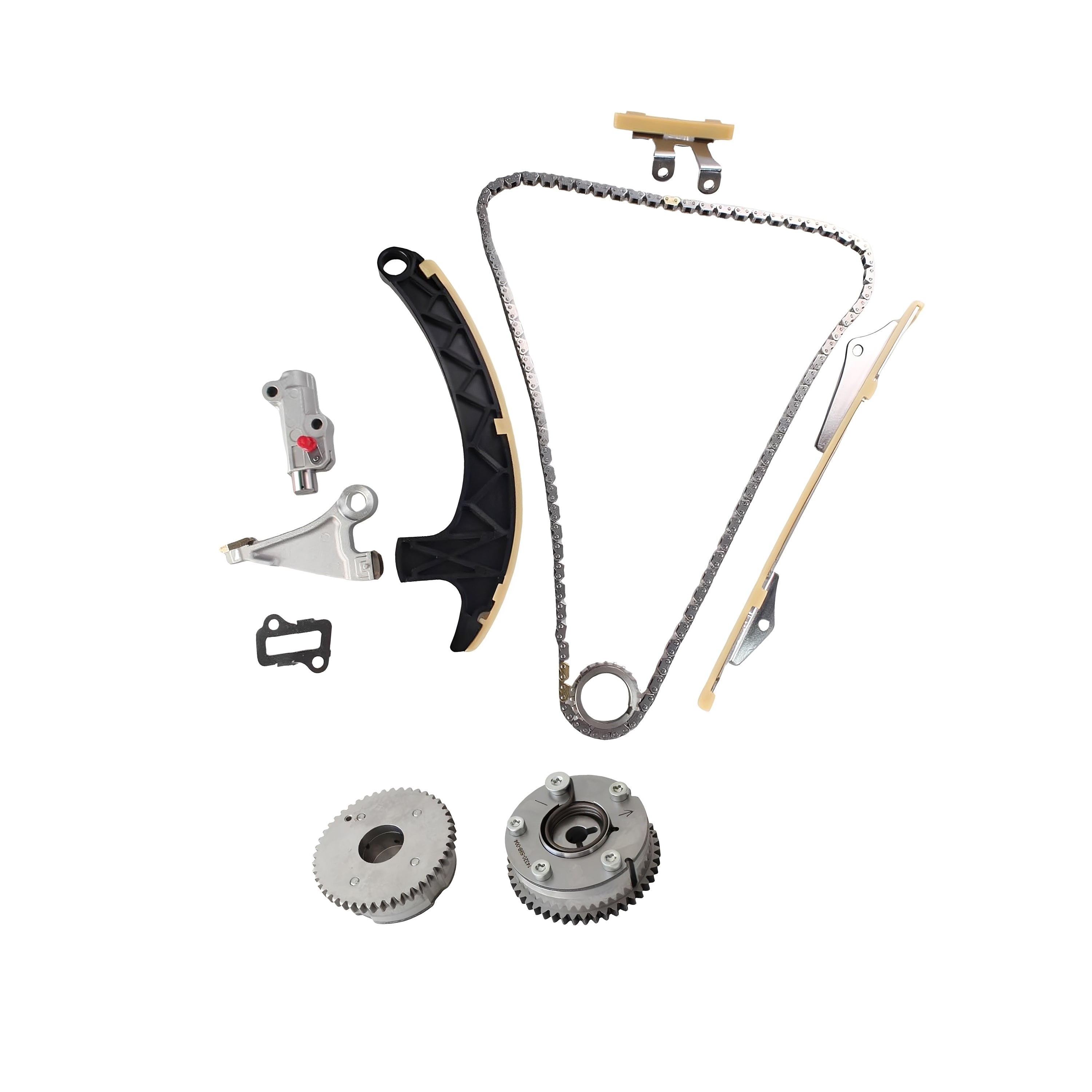 Timing chain kit with chain, sprockets, and guide components