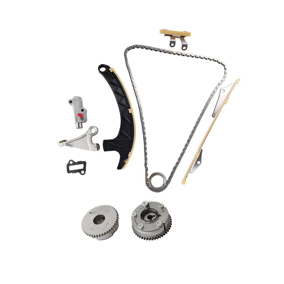 Timing chain kit with chain, sprockets, and guide components