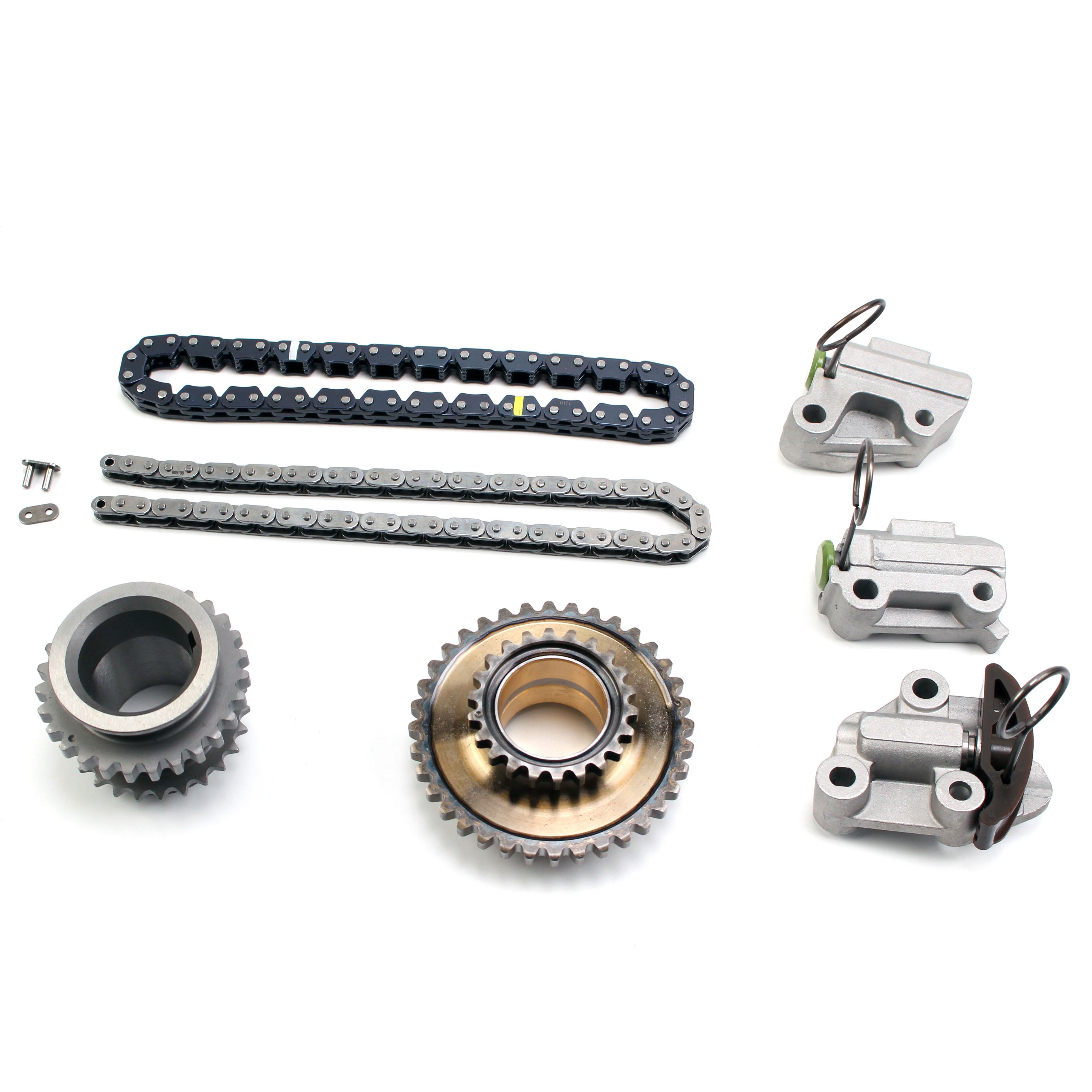 Timing chain kit with roller chains, sprockets, and mounting brackets in metal