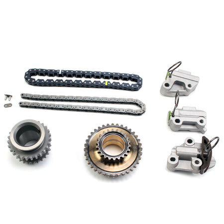 Timing chain kit with roller chains, sprockets, and mounting brackets in metal