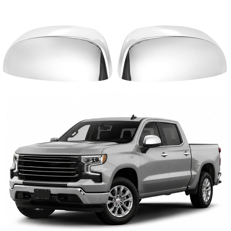 Chrome top half mirror covers with glossy finish on a pickup truck side mirrors