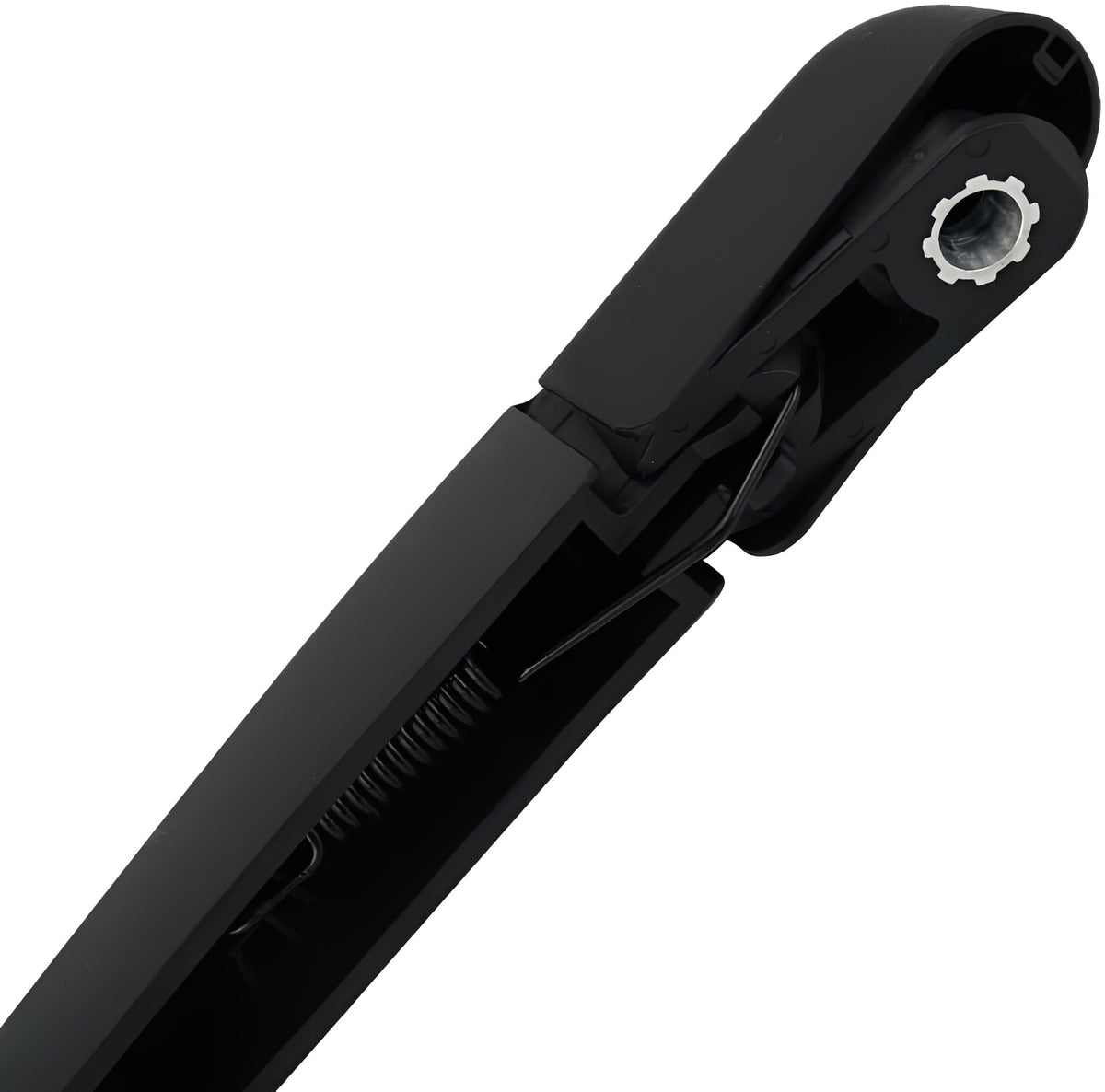 Black rear wiper blade end with mounting hole and plastic connector detail