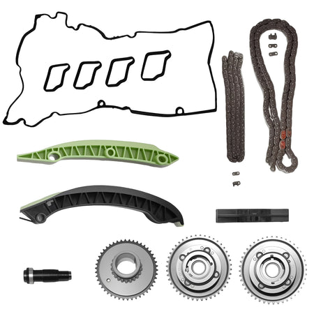 Timing chain kit components set with guides, chains, and sprocket gears