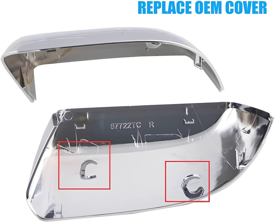 Chrome mirror cover pair with glossy reflective finish for side mirrors