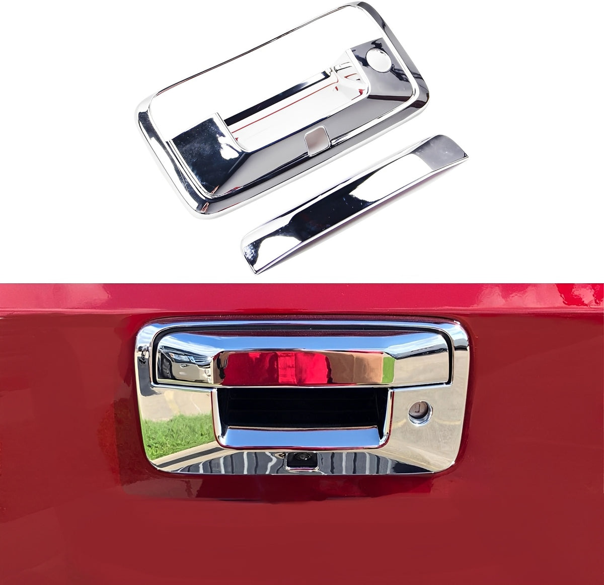Chrome tailgate handle cover set with trim piece and backing plate, angled view.