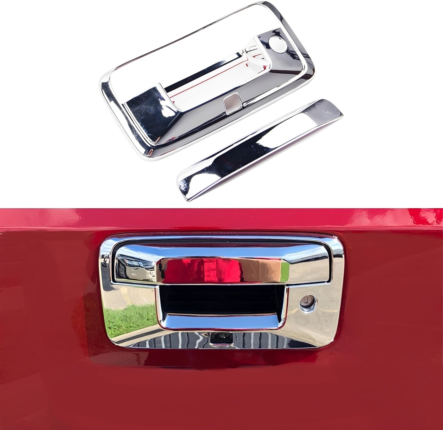 Chrome tailgate handle cover set with trim piece and backing plate, angled view.