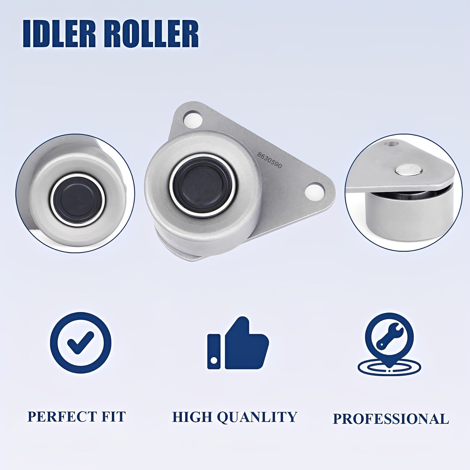 Idler roller for timing belt system with silver metal bracket and bearing