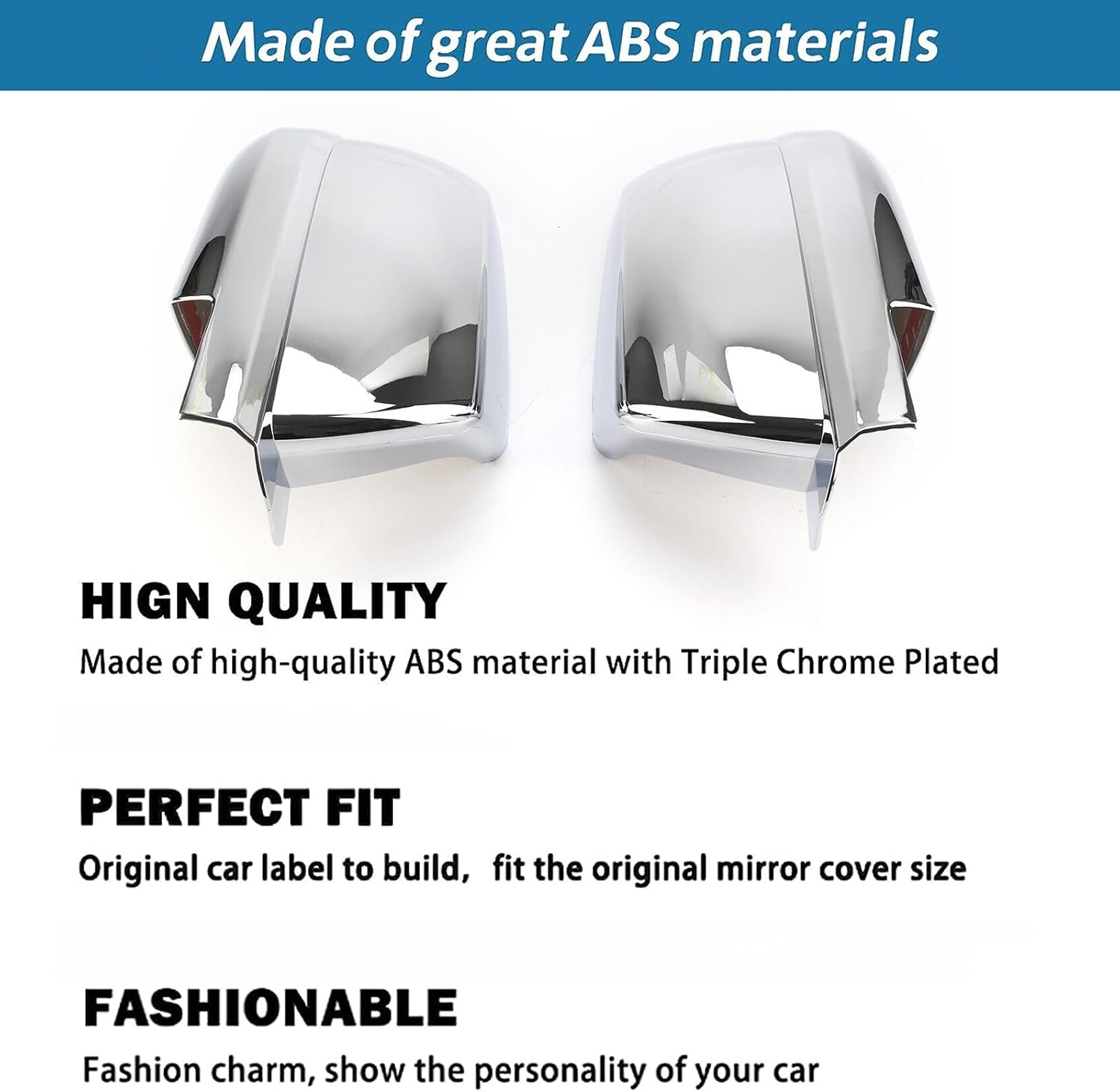 Chrome mirror cover caps, glossy reflective pair with molded mounting tabs