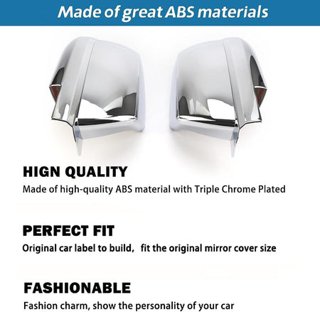 Chrome mirror cover caps, glossy reflective pair with molded mounting tabs