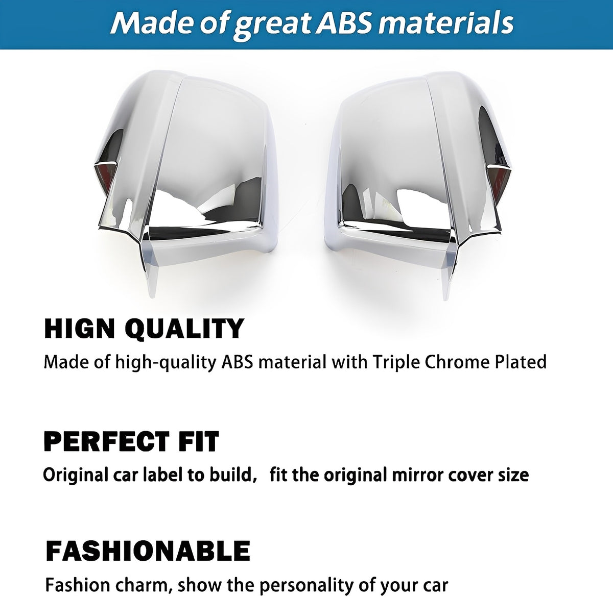 Pair of chrome ABS full mirror covers with angular cutouts, replacement caps