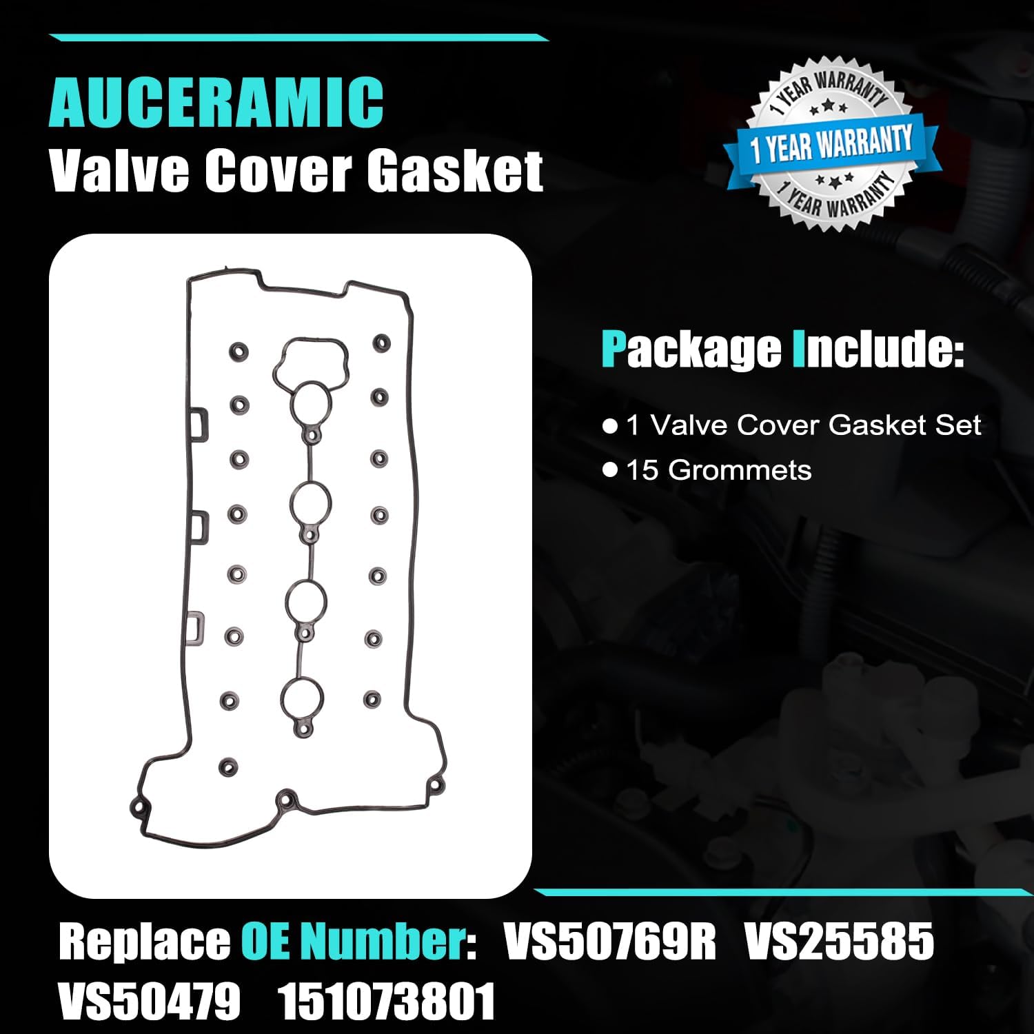 Valve cover gasket set diagram with gasket outline and included grommets