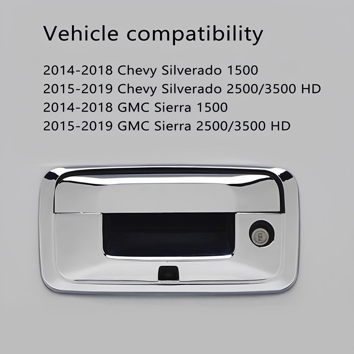 Chrome tailgate handle cover with rectangular opening and right-side round hole.