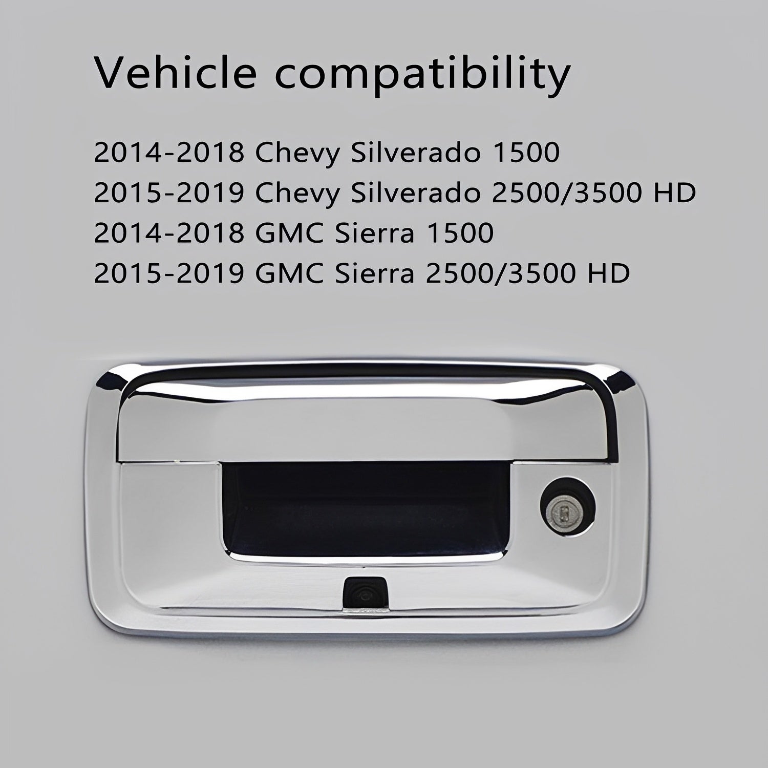 Chrome tailgate handle cover with rectangular opening and right-side round hole.
