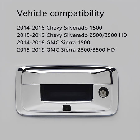 Chrome tailgate handle cover with rectangular opening and right-side round hole.