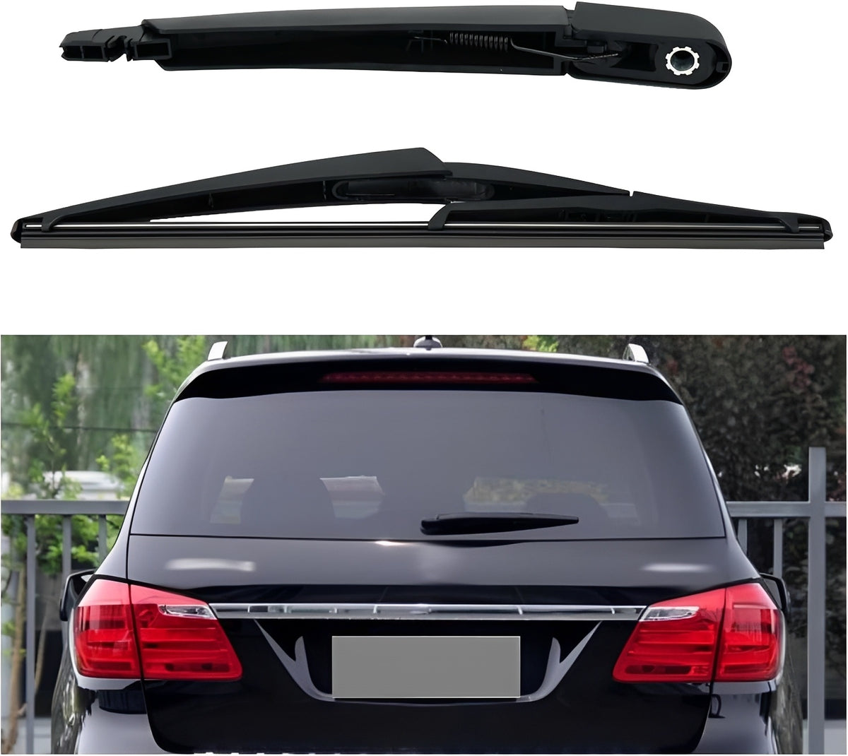 Black rear window wiper blade installed on a vehicle trunk area