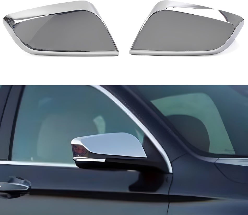 Chrome side mirror cover caps, glossy silver finish with dark tinted lens