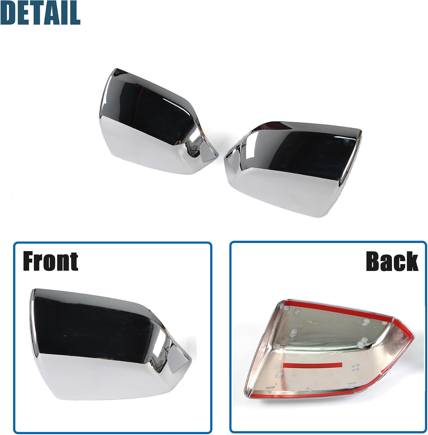 Chrome side mirror cover set with black lens, front and rear view angles