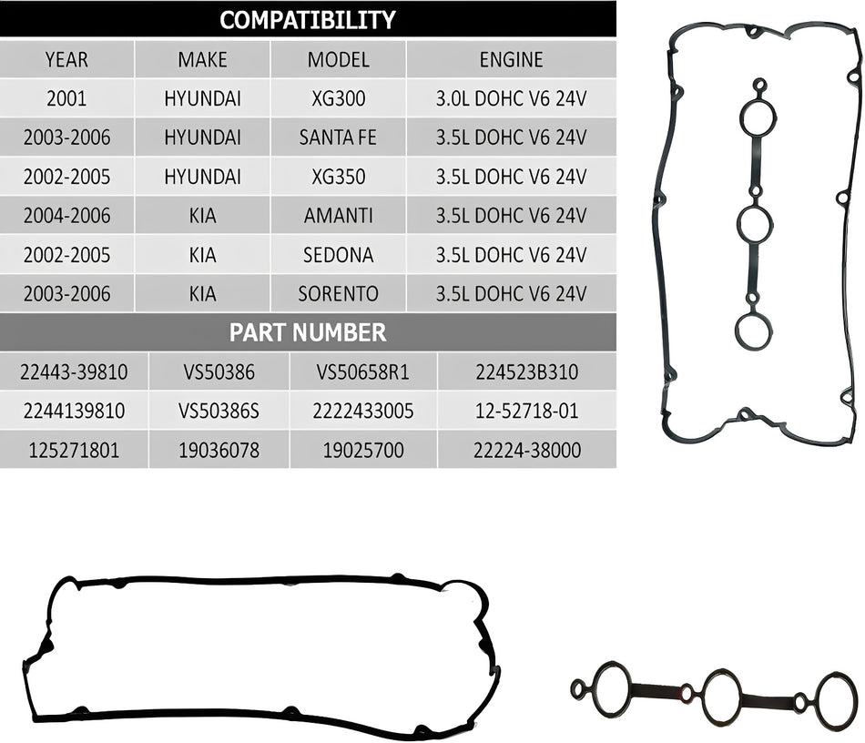 VS50386 Valve Cover Gasket Set for Hyundai & Kia 3.0L 3.5L Engines