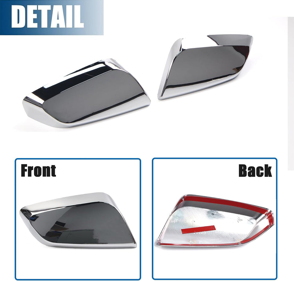 Chrome side mirror cover caps, front and back views with dark tinted insert