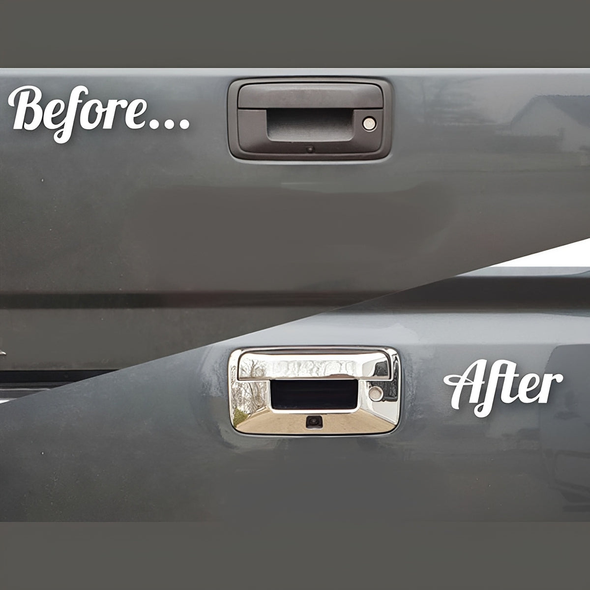 Chrome tailgate handle cover installed over the handle recess on a tailgate.