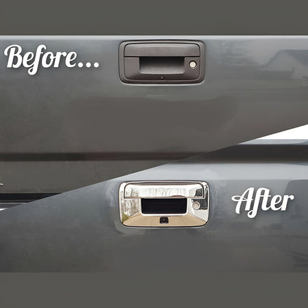 Chrome tailgate handle cover installed over the handle recess on a tailgate.