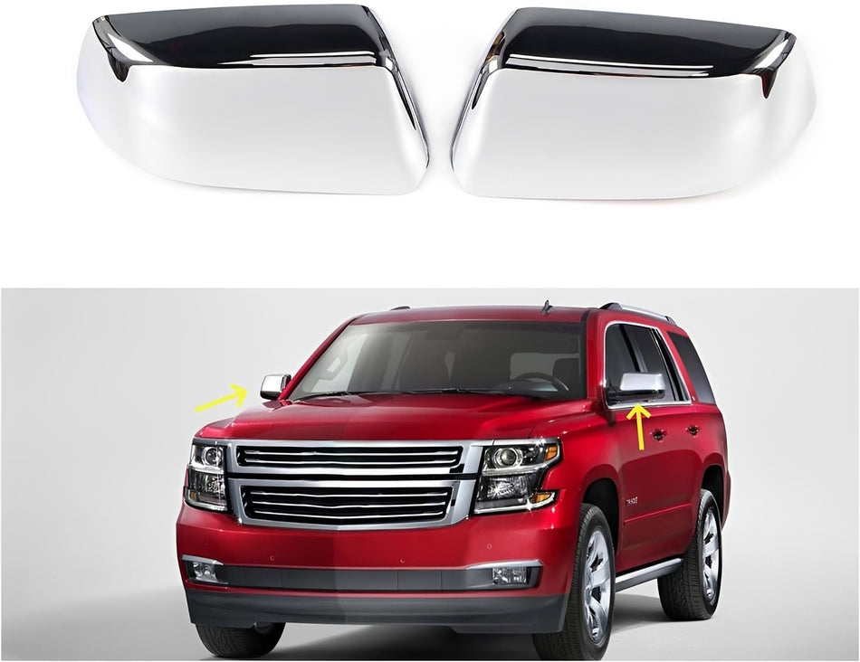 Chrome mirror covers on SUV side mirrors, glossy reflective housing