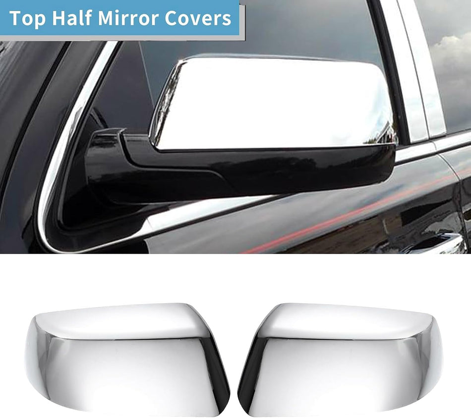 Chrome top half mirror cover set installed on a vehicle door