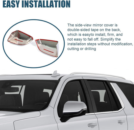 Chrome side mirror cover with black glass, fitted on an SUV door