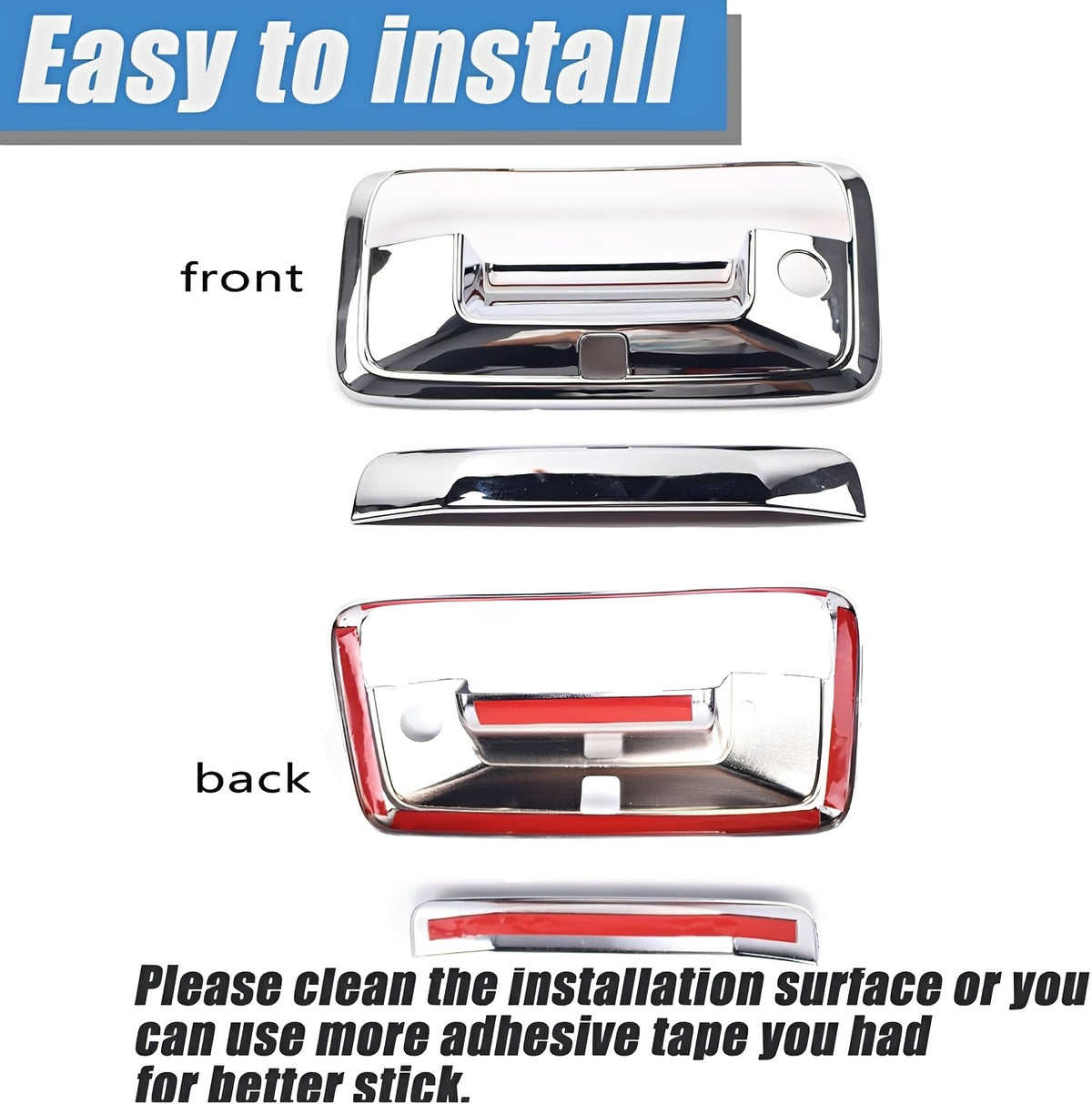 Chrome tailgate handle cover front and back pieces with reflective trim.