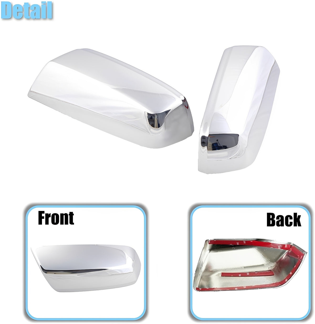 Front and back view of chrome top half mirror covers, two-piece set