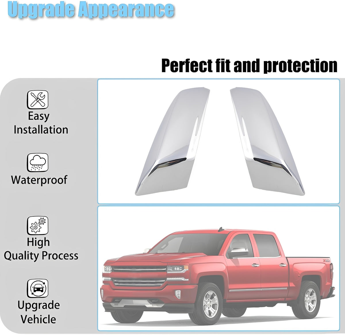 Chrome top half mirror caps with smooth, contoured shape for a secure fit